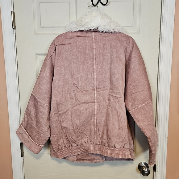Free People Lolo Denim Mauve Faux Fur Collar Double Breasted Oversized Jacket - Picture 5 of 8